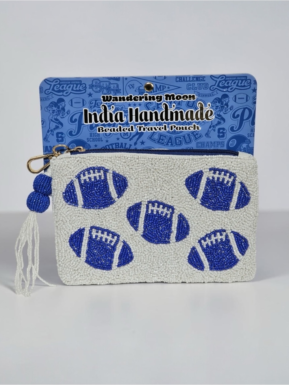 India Handmade Beaded Zippered Pouch with Blue Football Motif